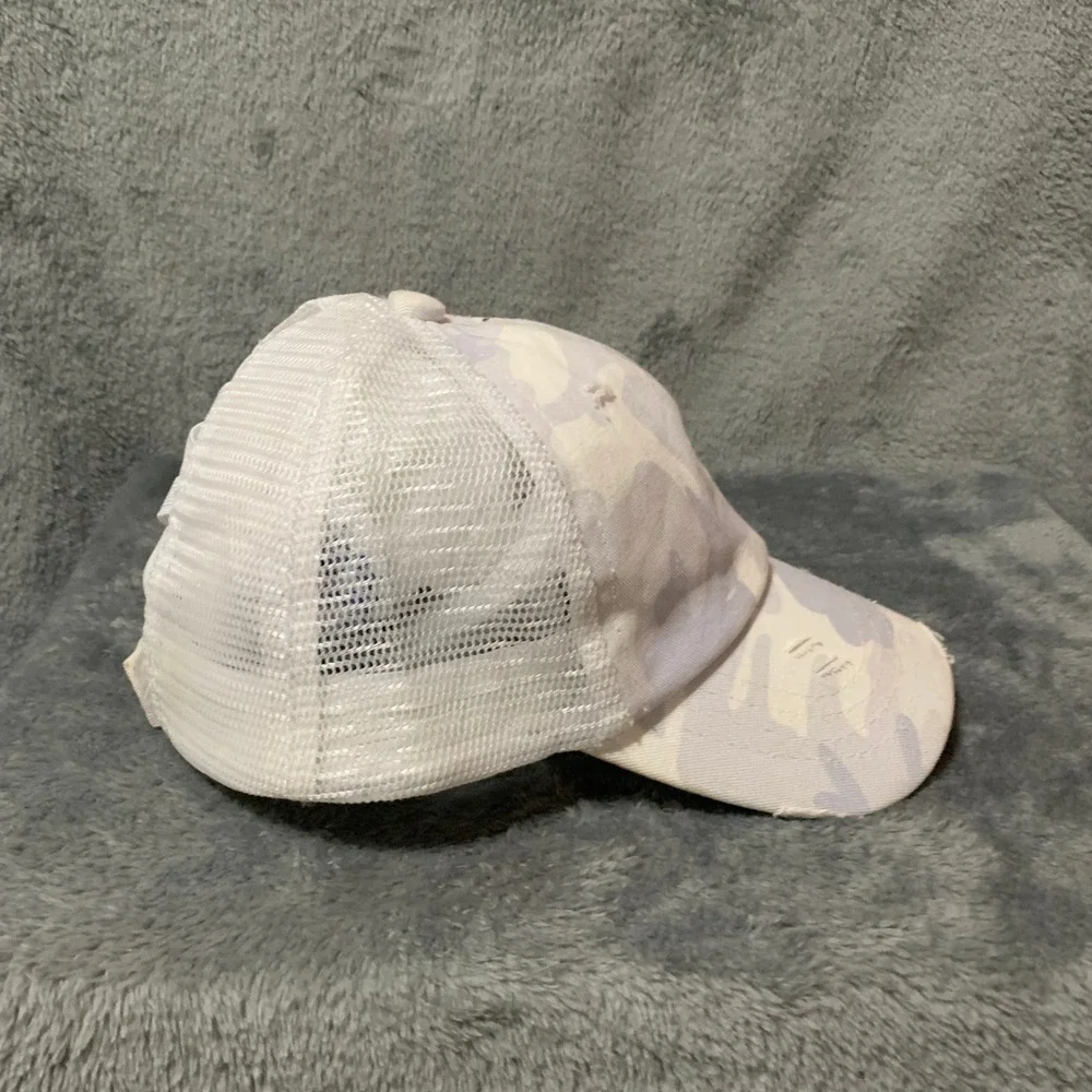 CC Girls Ponytail Trucker Hat Camo Grey White Distressed Mesh Back Messy Bun Cap